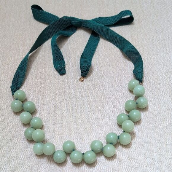 J. Crew Jade Ball Stone Green Grosgrain Ribbons Necklace Preppy Coastal - Picture 1 of 9